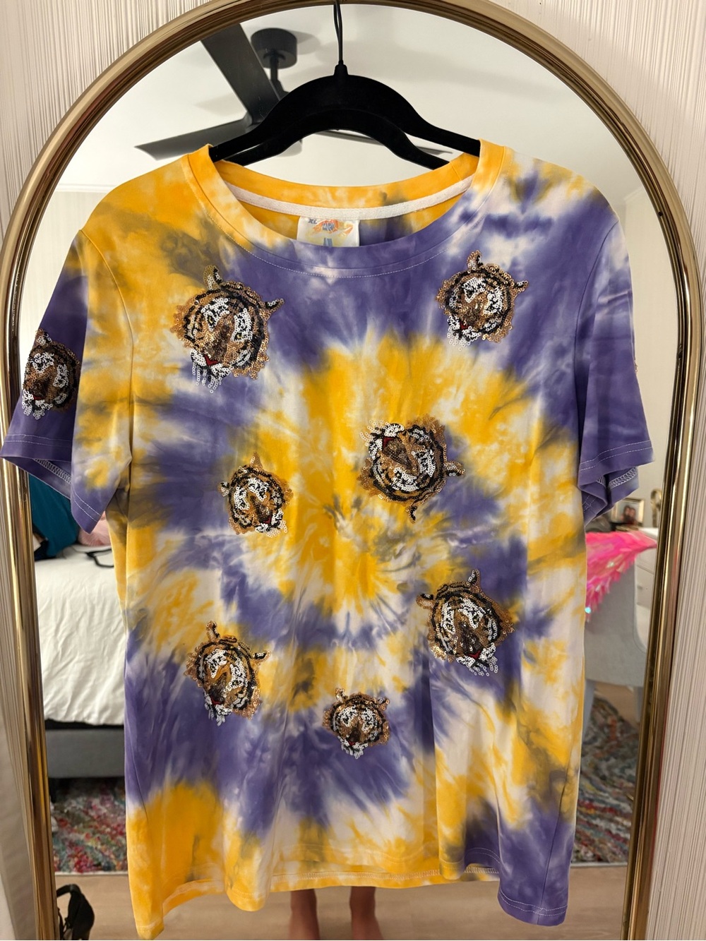 Tie-Dye Short Sleeve Tee with Tiger Embroidery - Yellow & Purple
